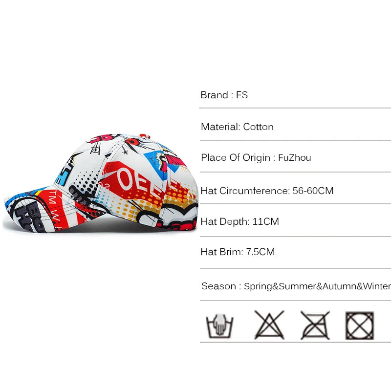 FS 2025 Summer Blue Graffiti Baseball Caps For Men Stylish Streetwear Hip Hop Cap Cotton Luxury Brand Women Hat Bone Masculino