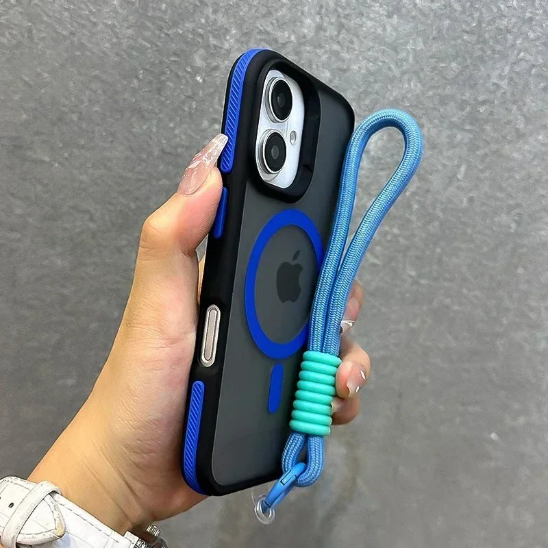 Luxury With Lanyard Magsafe Matte Phone Case For iPhone 16 15 14 Plus 13 12 11 Pro Max Magnetic Color Bumper Back Cases Cover