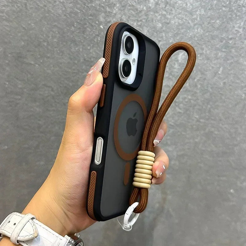 Luxury With Lanyard Magsafe Matte Phone Case For iPhone 16 15 14 Plus 13 12 11 Pro Max Magnetic Color Bumper Back Cases Cover