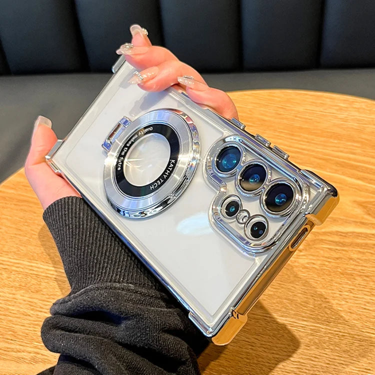 Luxury Magnetic Plating Stand Shockproof Clear Case For Samsung Galaxy S25 S24 Ultra S23 S22 S21 Plus Note20 Acrylic Back Cover