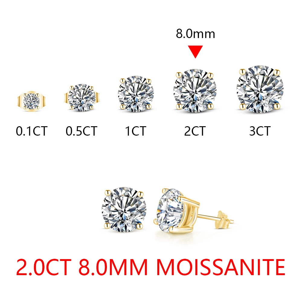ATTAGEMS 2 Carat 8.0mm D Color Moissanite Stud Earrings For Women Top Quality 100% 925 Sterling Silver Sparkling Wedding Jewelry