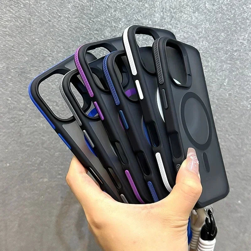 Luxury With Lanyard Magsafe Matte Phone Case For iPhone 16 15 14 Plus 13 12 11 Pro Max Magnetic Color Bumper Back Cases Cover