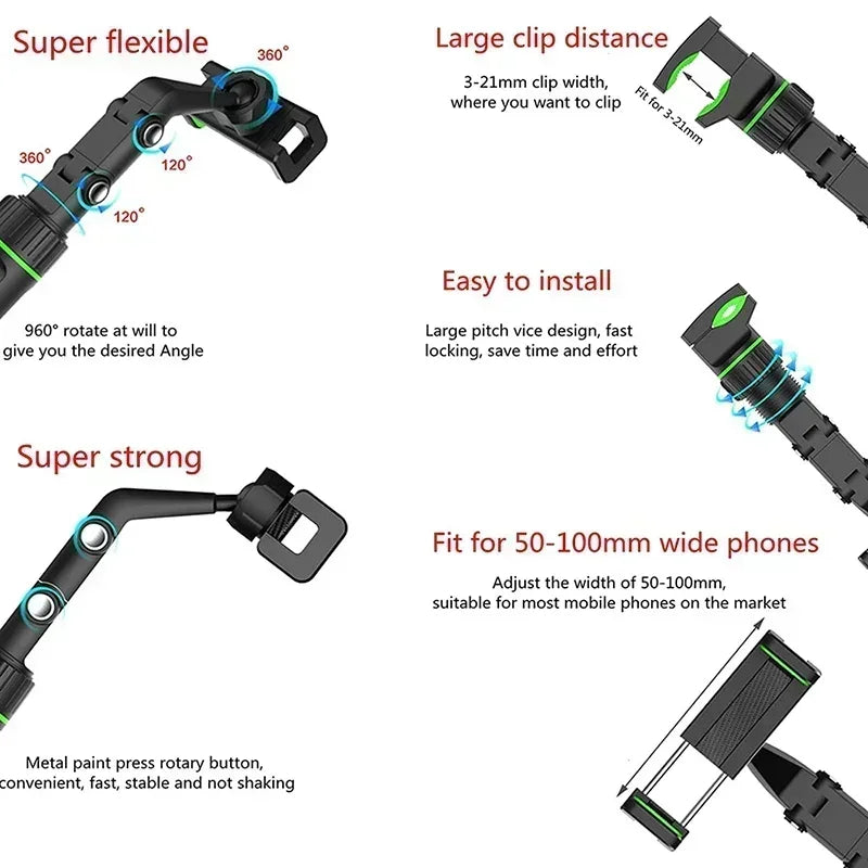 360° Rotating Rearview Mirror Phone Holder – GPS & Hands-Free Support
