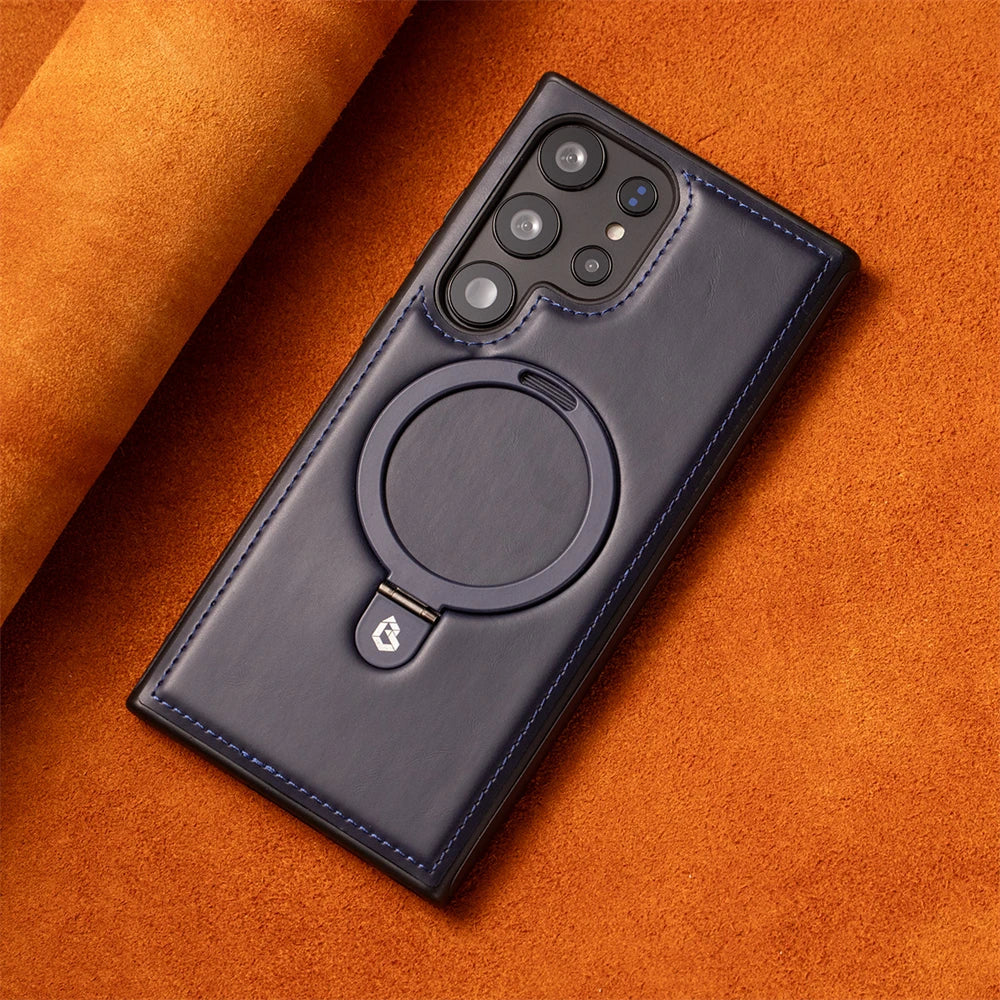 Business Retro Leather Holder Magnetic Case For Samsung Galaxy S25 S24 Ultra S23 S22 Plus A15 Wireless Charge Shockproof Cover