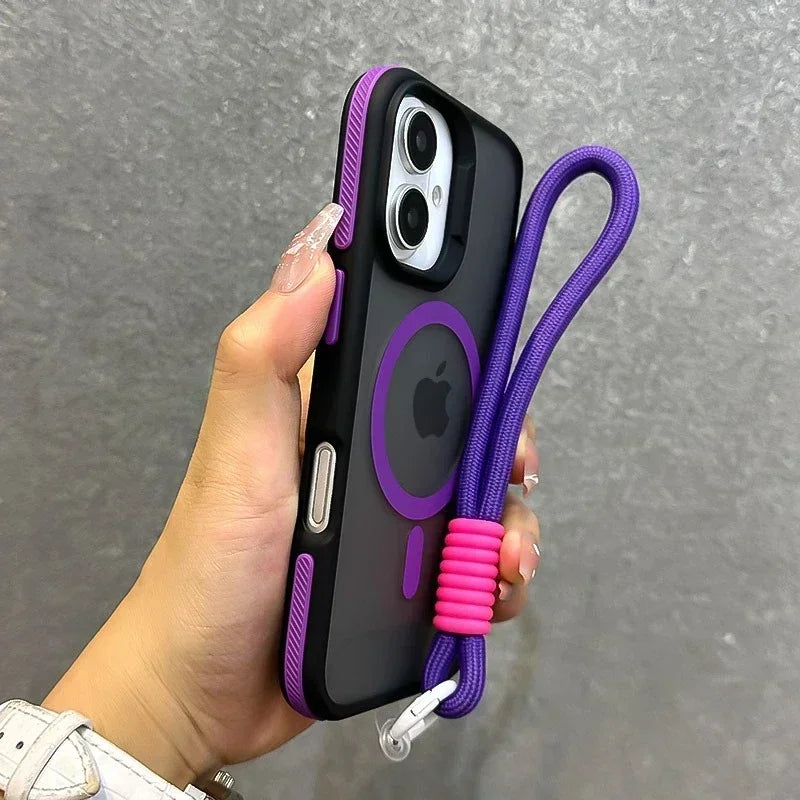 Luxury With Lanyard Magsafe Matte Phone Case For iPhone 16 15 14 Plus 13 12 11 Pro Max Magnetic Color Bumper Back Cases Cover