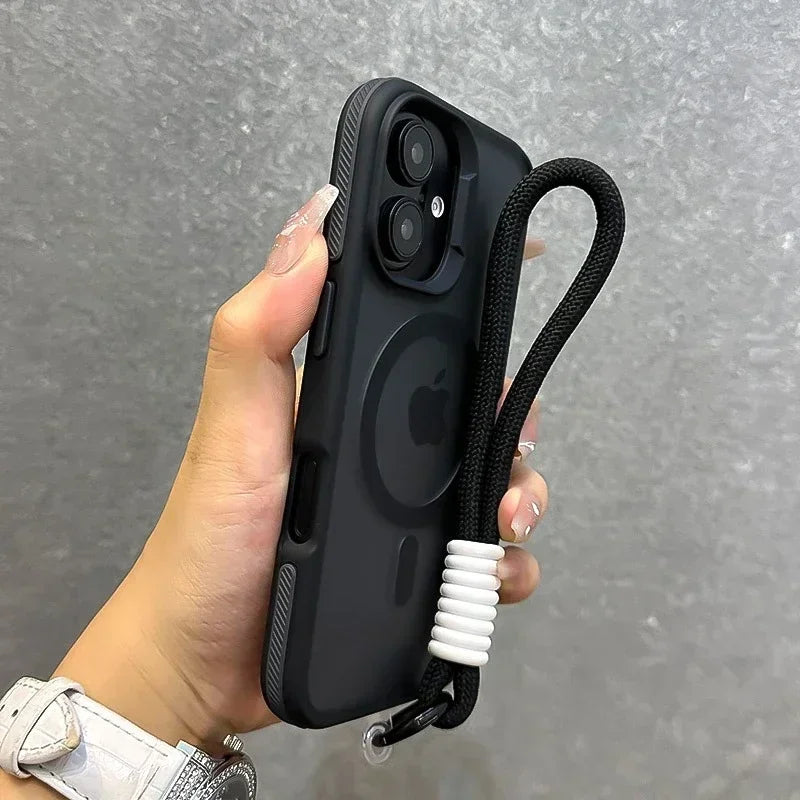 Luxury With Lanyard Magsafe Matte Phone Case For iPhone 16 15 14 Plus 13 12 11 Pro Max Magnetic Color Bumper Back Cases Cover