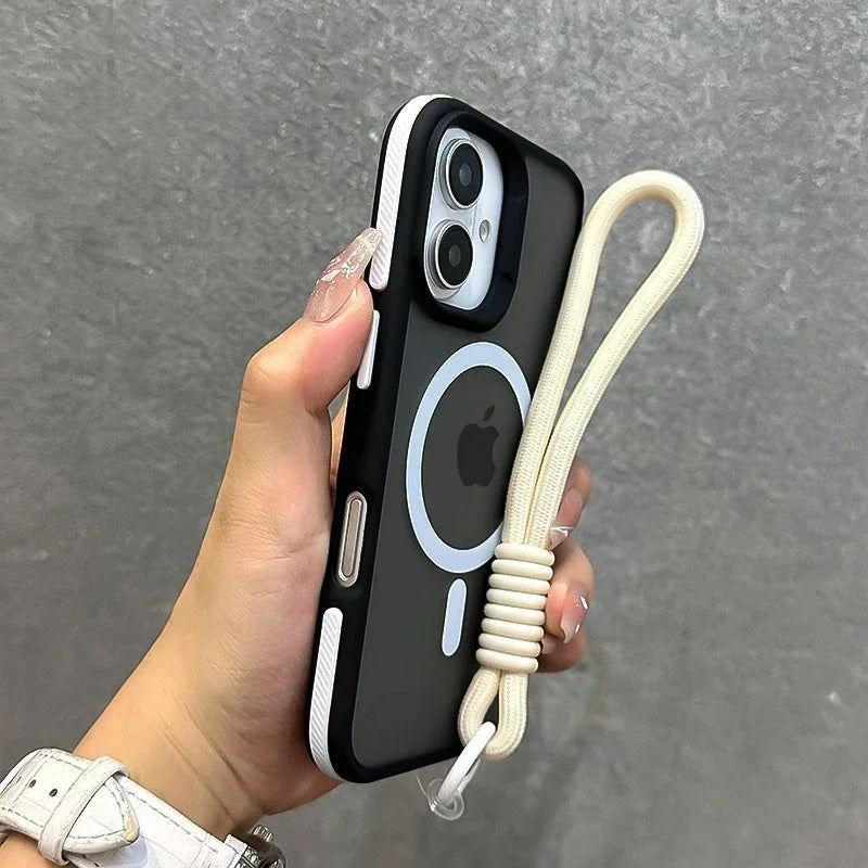 Luxury With Lanyard Magsafe Matte Phone Case For iPhone 16 15 14 Plus 13 12 11 Pro Max Magnetic Color Bumper Back Cases Cover
