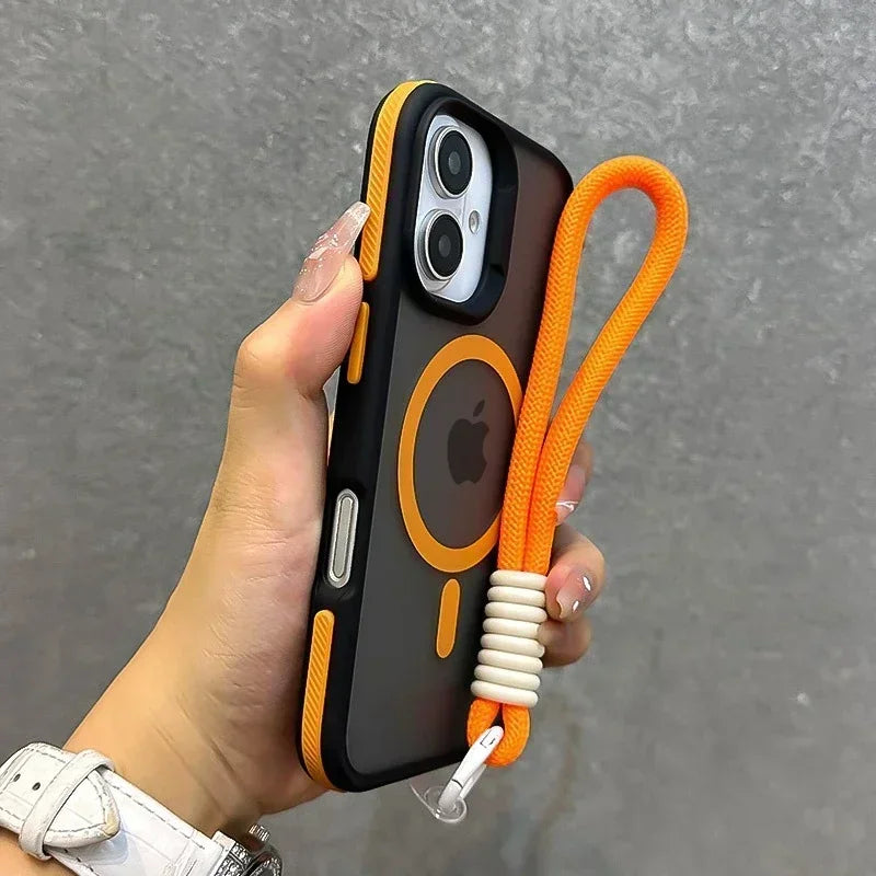 Luxury With Lanyard Magsafe Matte Phone Case For iPhone 16 15 14 Plus 13 12 11 Pro Max Magnetic Color Bumper Back Cases Cover