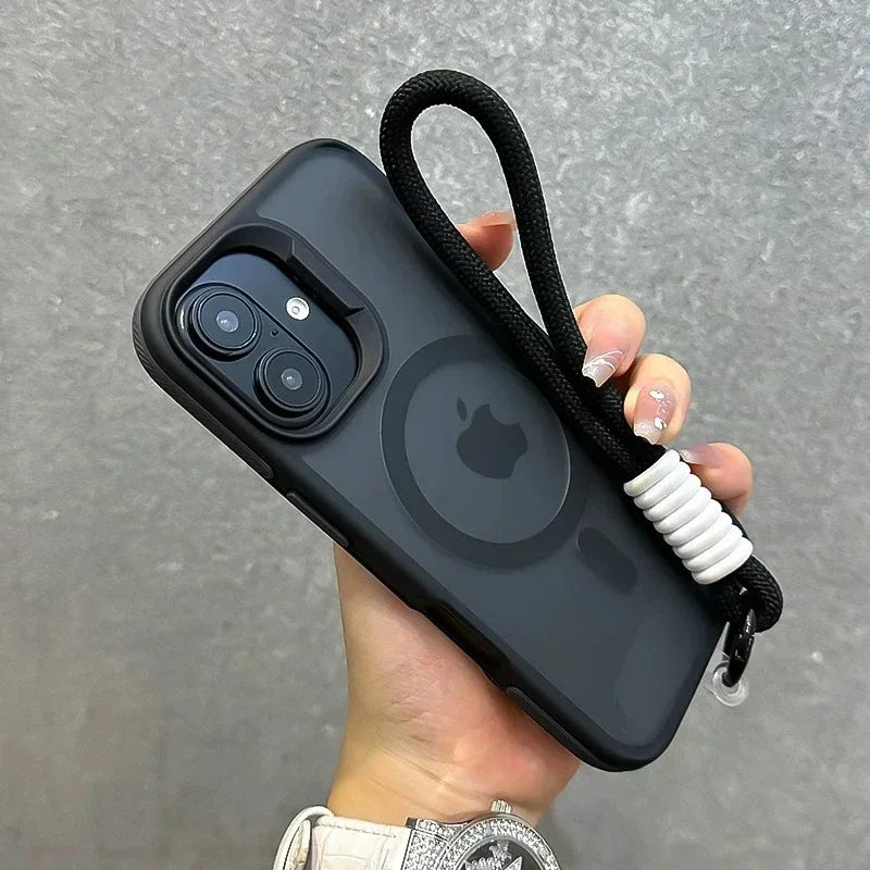 Luxury With Lanyard Magsafe Matte Phone Case For iPhone 16 15 14 Plus 13 12 11 Pro Max Magnetic Color Bumper Back Cases Cover