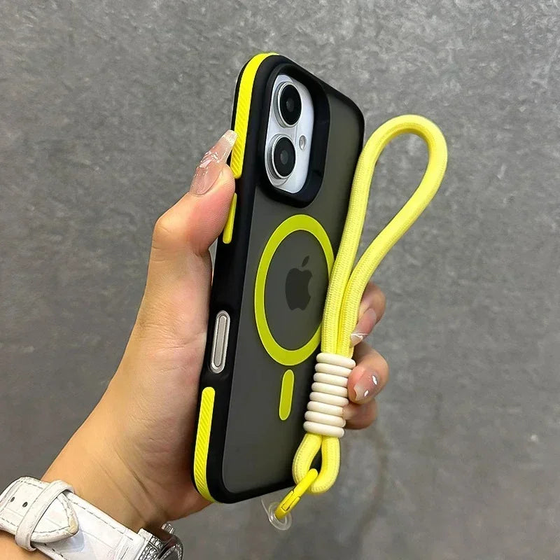 Luxury With Lanyard Magsafe Matte Phone Case For iPhone 16 15 14 Plus 13 12 11 Pro Max Magnetic Color Bumper Back Cases Cover