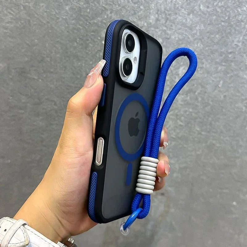 Luxury With Lanyard Magsafe Matte Phone Case For iPhone 16 15 14 Plus 13 12 11 Pro Max Magnetic Color Bumper Back Cases Cover
