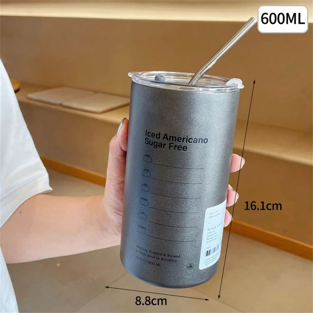 600ml Stainless Steel Thermos Cup with Straw – Portable 304 Coffee Bottle