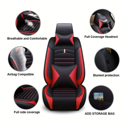 Full Covered PU Leather 5 Seat Car Seat Cover, Universal Full Set Cushion Protector With Neck Lumbar Pillow - Front & Rear Seat Protection - Big Storage Bag For Sedan, SUV, Truck