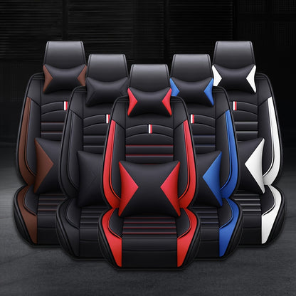 Full Covered PU Leather 5 Seat Car Seat Cover, Universal Full Set Cushion Protector With Neck Lumbar Pillow - Front & Rear Seat Protection - Big Storage Bag For Sedan, SUV, Truck