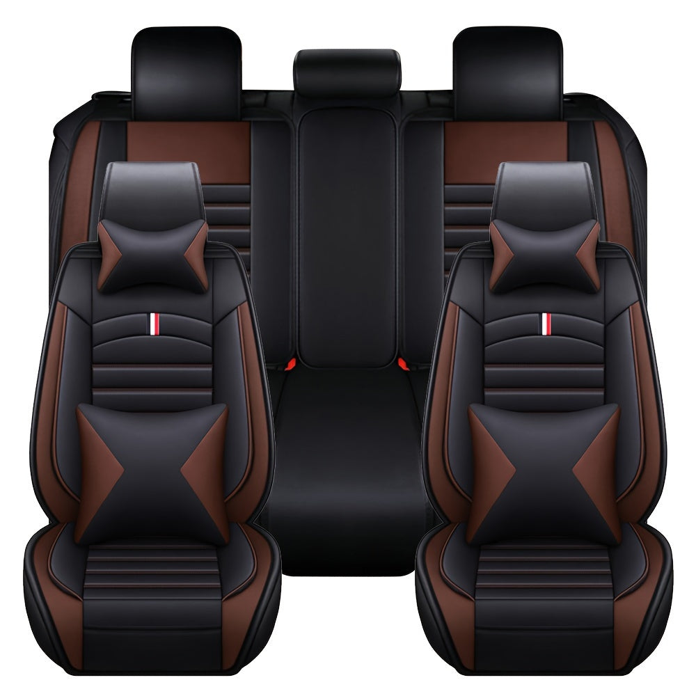 Full Covered PU Leather 5 Seat Car Seat Cover, Universal Full Set Cushion Protector With Neck Lumbar Pillow - Front & Rear Seat Protection - Big Storage Bag For Sedan, SUV, Truck