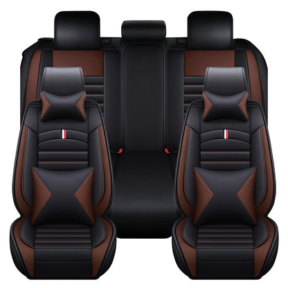 Full Covered PU Leather 5 Seat Car Seat Cover, Universal Full Set Cushion Protector With Neck Lumbar Pillow - Front & Rear Seat Protection - Big Storage Bag For Sedan, SUV, Truck