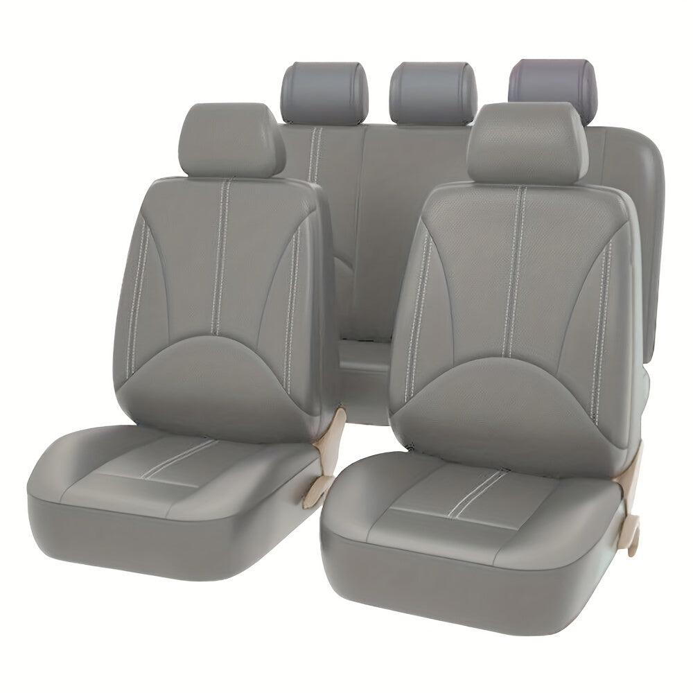 Full Covered PU Leather 5 Seat Car Seat Cover, Universal Full Set Cushion Protector With Neck Lumbar Pillow - Front & Rear Seat Protection - Big Storage Bag For Sedan, SUV, Truck