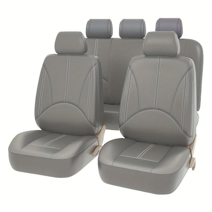 Full Covered PU Leather 5 Seat Car Seat Cover, Universal Full Set Cushion Protector With Neck Lumbar Pillow - Front & Rear Seat Protection - Big Storage Bag For Sedan, SUV, Truck