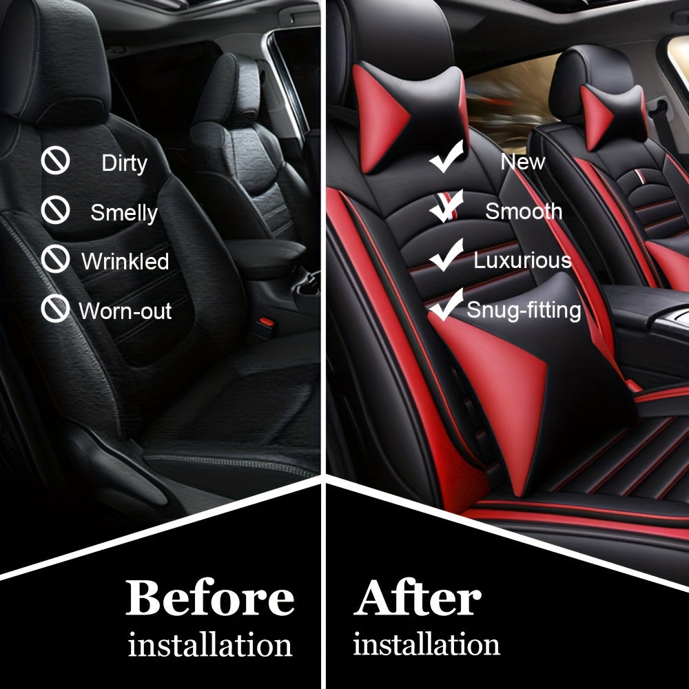 Full Covered PU Leather 5 Seat Car Seat Cover, Universal Full Set Cushion Protector With Neck Lumbar Pillow - Front & Rear Seat Protection - Big Storage Bag For Sedan, SUV, Truck