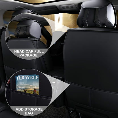 Full Covered PU Leather 5 Seat Car Seat Cover, Universal Full Set Cushion Protector With Neck Lumbar Pillow - Front & Rear Seat Protection - Big Storage Bag For Sedan, SUV, Truck