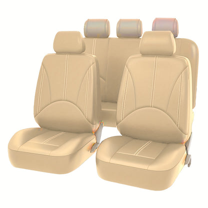 Full Covered PU Leather 5 Seat Car Seat Cover, Universal Full Set Cushion Protector With Neck Lumbar Pillow - Front & Rear Seat Protection - Big Storage Bag For Sedan, SUV, Truck