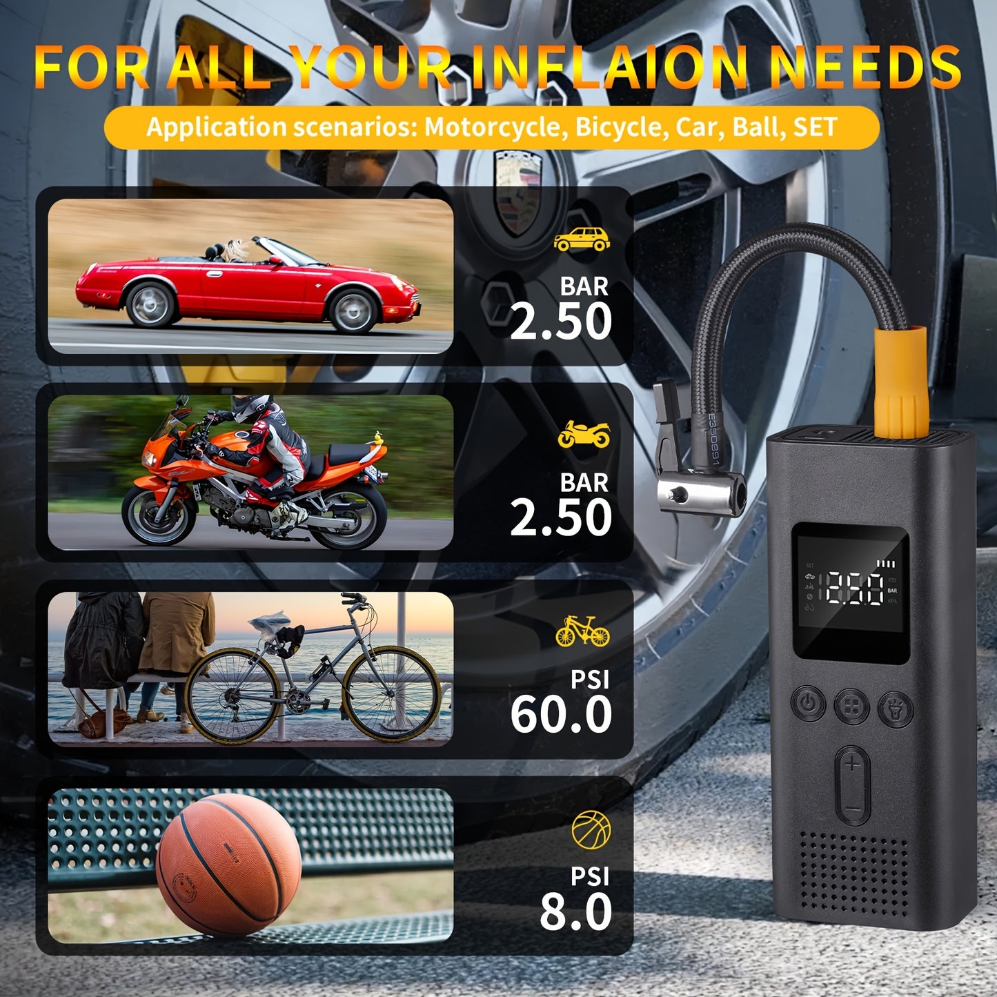 [150PSI Smart Pump] 150PSI Wireless One-button Smart Tire Pump, Portable Digital Display Air Amplifier | Multi-function Air Pump, LED Light, Suitable For Cars, Bicycles, Motorcycle Tires, Balls
