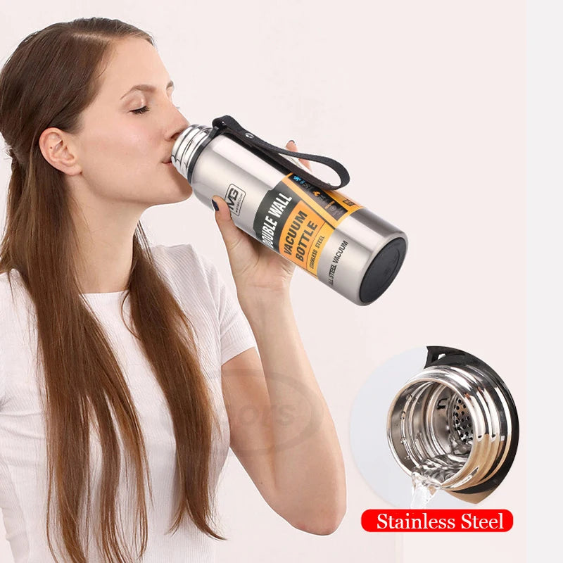 UPORS Stainless Steel Thermos Bottle – 500ml to 1500ml Vacuum Flask with Rope