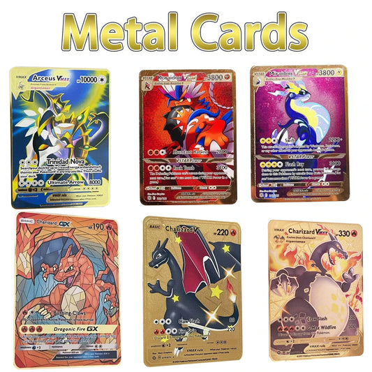2025 NEW Pokemon Metal Card 10000 Points Arceus Charizard Super Card Golden English Mewtwo Vmax GX EX Anime Collection Cards Gif
