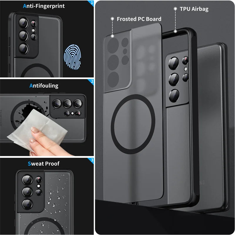 Matte Magnetic For Samsung Galaxy S23 S22 S21 S20 Ultra Plus FE A54 A53 A52 A32 A13 A34 4G 5G Case Frosted Wireless Charge Cover
