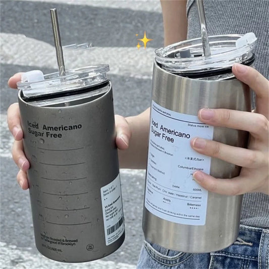 600ml Stainless Steel Thermos Cup with Straw – Portable 304 Coffee Bottle