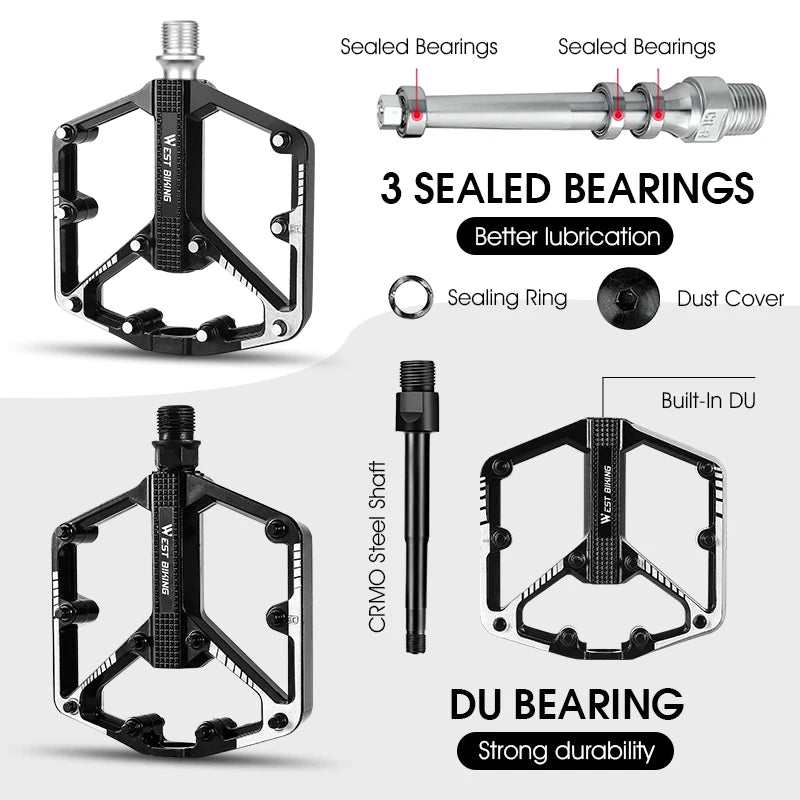 WEST BIKING Bicycle Pedal DU/ 3 Bearing Sealed MTB Mountain Road Bike Widened Pedals Anti-slip Aluminum Alloy Pedal Cycling Part