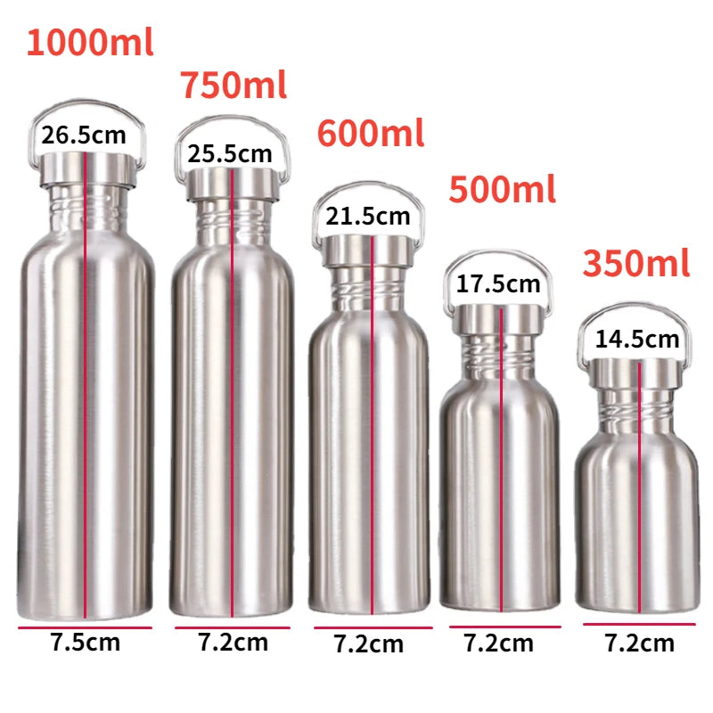 500/750/1000ml Stainless Steel Water Bottles – Single Wall Large Capacity with Lid