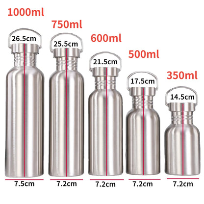 500/750/1000ml Stainless Steel Water Bottles – Single Wall Large Capacity with Lid