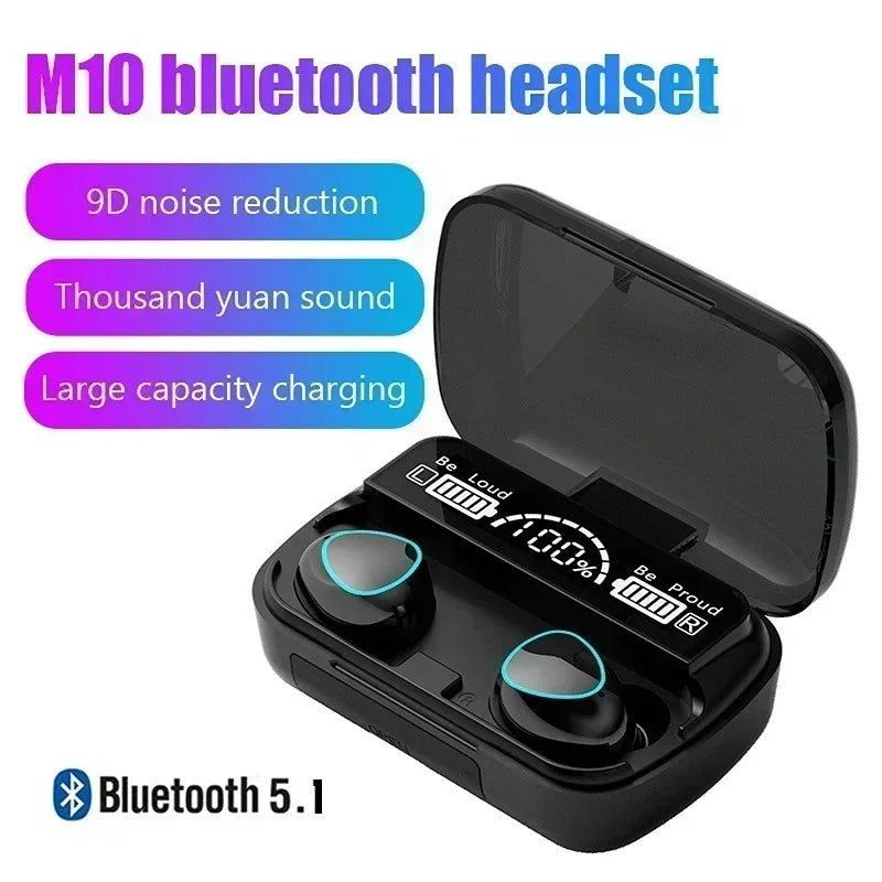 M10 Bluetooth Earphones – HiFi Stereo Wireless Earbuds with LED Display & Mic