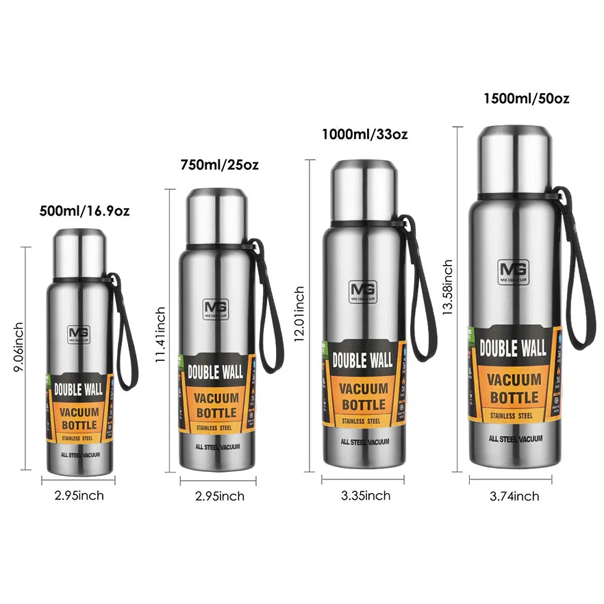 UPORS Stainless Steel Thermos Bottle – 500ml to 1500ml Vacuum Flask with Rope