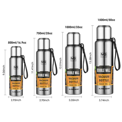 UPORS Stainless Steel Thermos Bottle – 500ml to 1500ml Vacuum Flask with Rope
