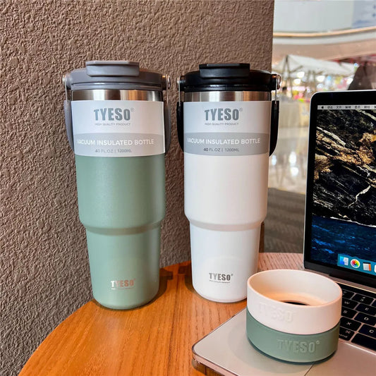 TYESO 40oz Stainless Steel Tumbler with Handle – 1200ml Vacuum Insulated Mug with Silicone Coaster