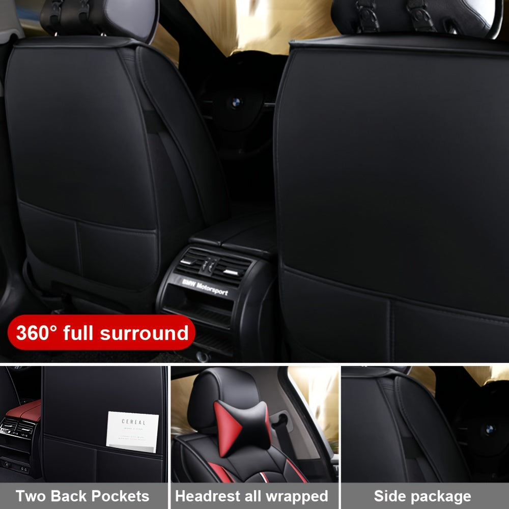 Full Covered PU Leather 5 Seat Car Seat Cover, Universal Full Set Cushion Protector With Neck Lumbar Pillow - Front & Rear Seat Protection - Big Storage Bag For Sedan, SUV, Truck