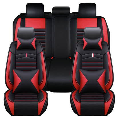 Full Covered PU Leather 5 Seat Car Seat Cover, Universal Full Set Cushion Protector With Neck Lumbar Pillow - Front & Rear Seat Protection - Big Storage Bag For Sedan, SUV, Truck