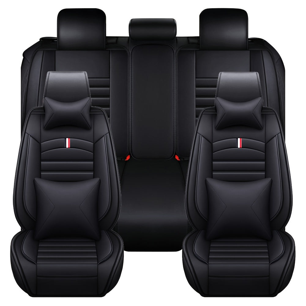 Full Covered PU Leather 5 Seat Car Seat Cover, Universal Full Set Cushion Protector With Neck Lumbar Pillow - Front & Rear Seat Protection - Big Storage Bag For Sedan, SUV, Truck