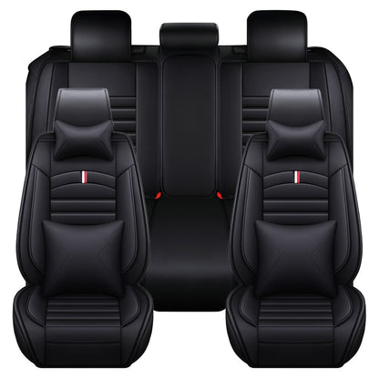 Full Covered PU Leather 5 Seat Car Seat Cover, Universal Full Set Cushion Protector With Neck Lumbar Pillow - Front & Rear Seat Protection - Big Storage Bag For Sedan, SUV, Truck