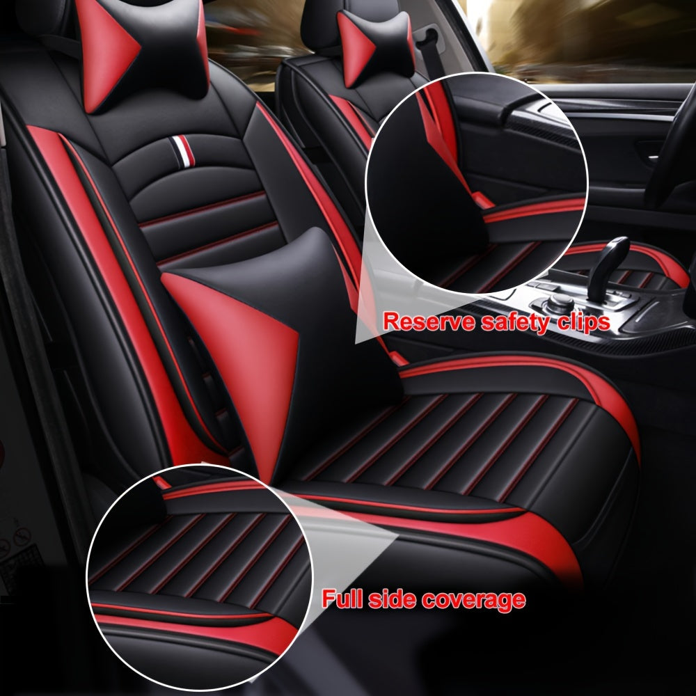 Full Covered PU Leather 5 Seat Car Seat Cover, Universal Full Set Cushion Protector With Neck Lumbar Pillow - Front & Rear Seat Protection - Big Storage Bag For Sedan, SUV, Truck