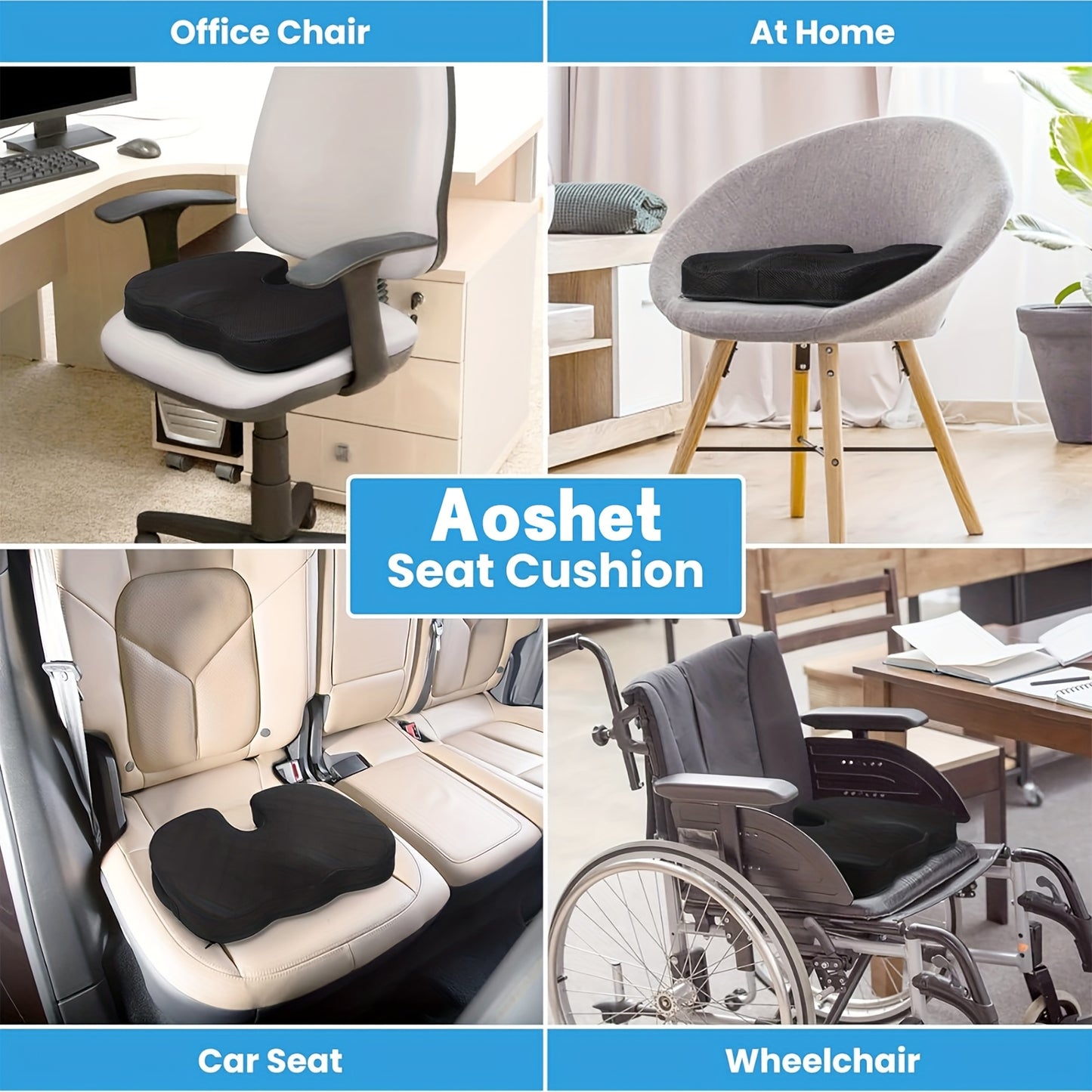 Aoshet Seat Cushion - Memory Foam Cushion for Office Chair, Car Seat, Airplane, Bleacher - Sciatica & Hip & Coccyx relax Desk Chair Cushion for Long Sitting Office Workers, Car Drivers